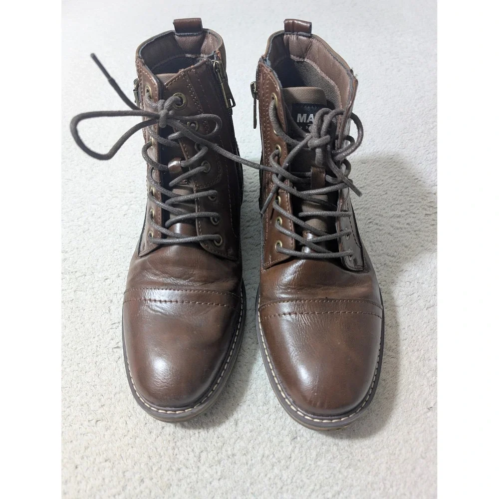 Madden by Steve Madden Boots Men 9.5 Brown Cap Toe Side Zip Buckle Combat *MINT*